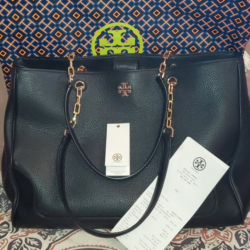 Tory Burch Authentic Black Leather Carter Tote